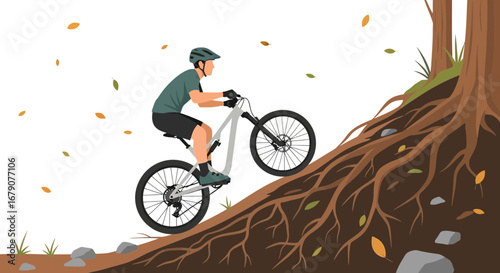 A Cyclist Demonstrates Mountain Biking Skills Ascending Over Uneven Terrain In Autumn