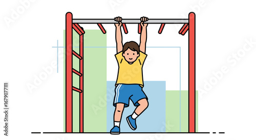 Youngster Having Fun Swinging At The Bars, Doing Exercises, Cartoon Illustration