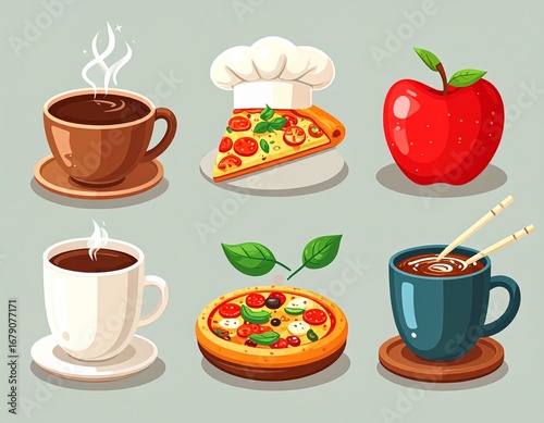 Set of Food and Drink Icons: Pizza, Coffee, and Fruit