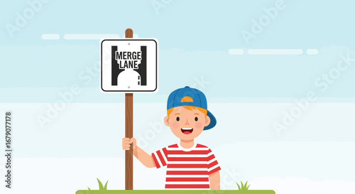 Youngster Holding Merge Lane Sign For Educational Purposes Illustration