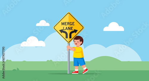 Youngster Holding Merge Lane Sign Indicating Road Direction and Choices on a Green Landscape