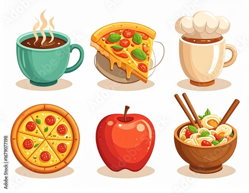 A Collection of Food and Drink Illustrations with Pizza, Coffee, and Noodles