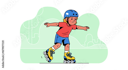 Youngster Inline Skating Illustration in Park, Safe And Fun Outdoor Activity Adventure