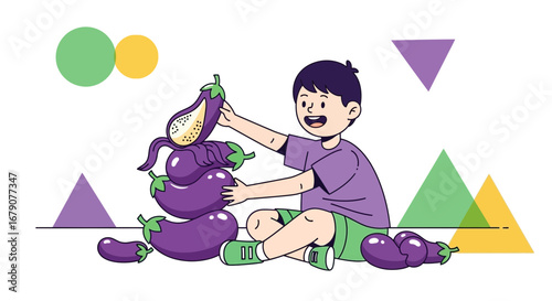 Youngster Joyfully Composes A Vegetable Tower, A Playful Illustration