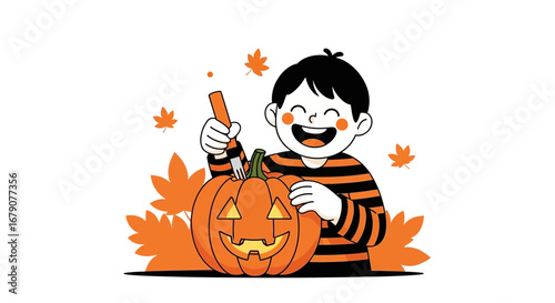 Youngster Joyfully Carving Halloween Pumpkin With Autumn Leaves Decorations