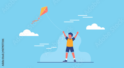 Youngster Joyfully Flying A Kite On A Beautiful Sunny Day With Clouds In the Sky