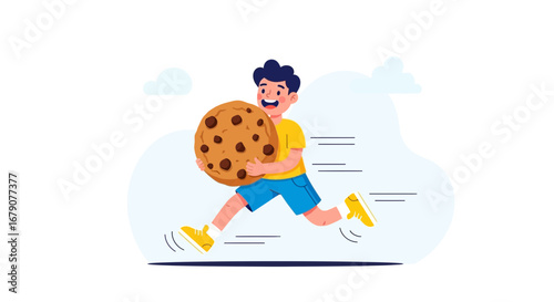 Youngster Joyfully Gallops With a Giant Chocolate Chip Cookie in Hand Illustratation