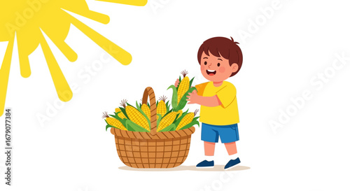 Youngster Joyfully Gathering Golden Corns From The Harvest Basket Under Bright Sunlight