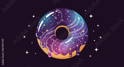 A delicious and unique illustration of a galaxy-themed donut in space, vibrant colors