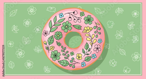 A delicious donut decorated with flowers and leaves, spring floral art design