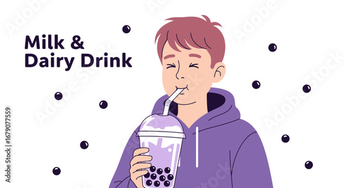 Youngster Joyfully Relishes Refreshing Milk Tea, Embracing Pleasant Flavors With Delightful Sips