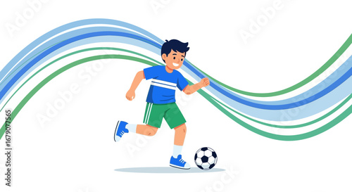 Youngster Kicking Soccer Ball With Energetic Expression in Cartoon Sporting Illustration