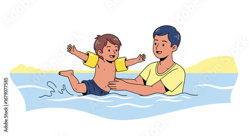 Youngster Learning To Swim With Support from A Parent At A Recreational Pool