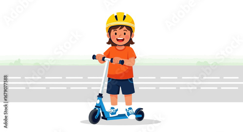Youngster Joyfully Riding Scooter on Paved Path, Wearing a Safety Helmet, Ready to Move