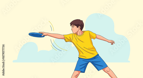 Youngster Playing Disc Golf on A Sunny Day, Recreational Outdoor Sport Activity