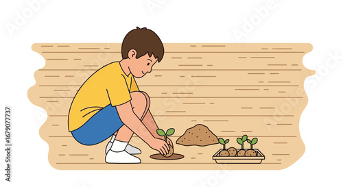 Youngster Planting Seedlings Depicting Nature and Cultivating A Greener Tomorrow