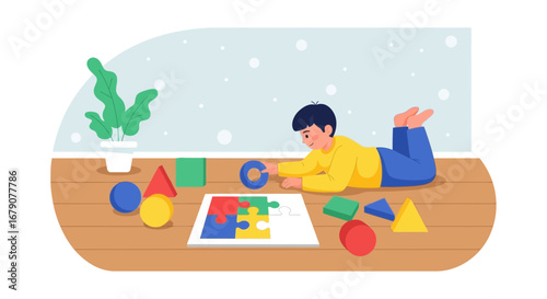 Youngster Playing With Puzzle Pieces And Geometric Shapes On Wooden Floor Indoors