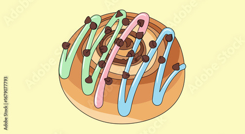 A Deliciously Decorated Sweet Roll with Colorful Icing and Chocolate Chips