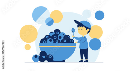 Youngster Preparing To Eat Fresh Blueberries From Bowl In Modern Art Illustration