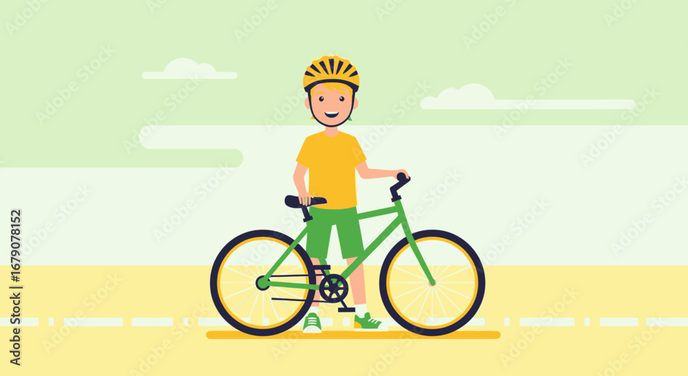 Fototapeta premium Youngster Smiling Beside His New Bicycle, Ready To Enjoy Bicycle Ride, Healthy Activity