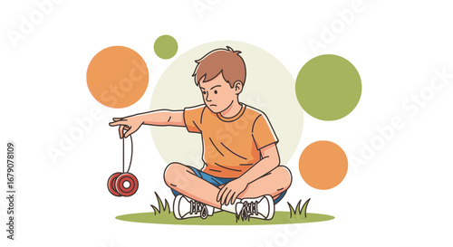 Youngster Sitting on Green Meadow Playing With Colorful Yoyo in Isolated Background