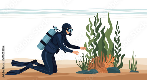A diver exploring the underwater world near coral reefs, water surface visible