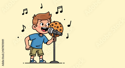 Youngster Singing Into a Microphone With a Cookie Mascot and Musical Notes