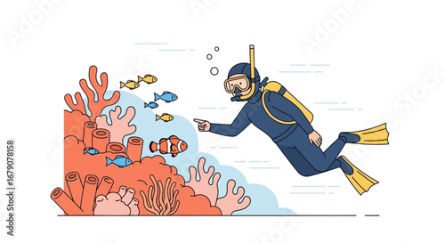 A diver exploring the underwater world, pointing at the fish and coral reef scenery