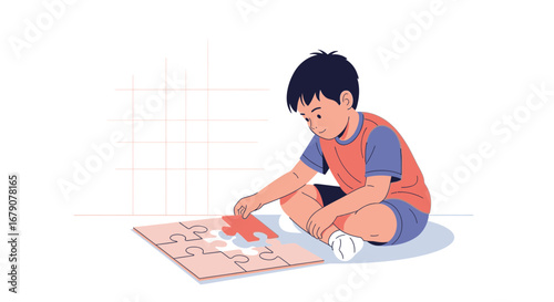 Youngster Solving a Puzzle, Focusing, Concentrating, and Finding the Solution