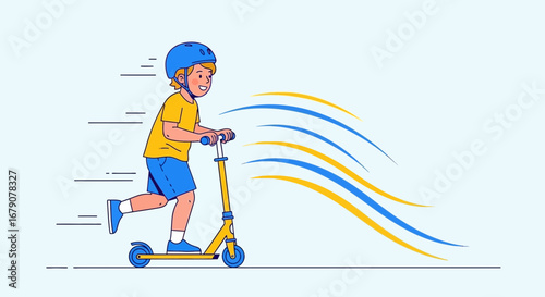 Youngster Zipping On A Scooter, Vector Illustration Depicting Speed And Motion