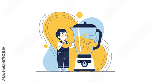 Youngster With Orange Juice In A Modern Blender And A Stylized Background Illustration
