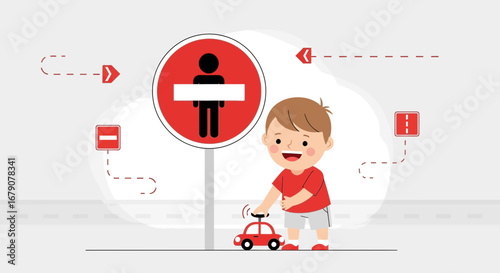 Youngster's Encounter With Road Safety Rules And Toy Car On Gray Background