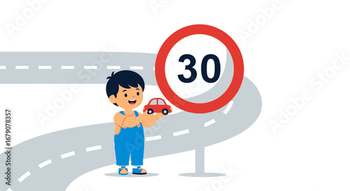 Youngster's Fascination With Speed Limit Sign And A Red Miniature Car Toy