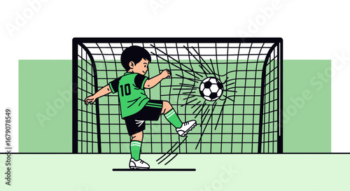 Youthful Athlete Kicks Soccer Ball Scoring Goal Illustrated In Energetic Style
