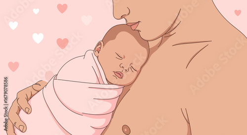 A father lovingly cradles his newborn baby in his arms, showing affection and tenderness