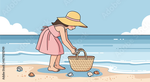 A girl collecting seashells on the beach in a sunny summer day