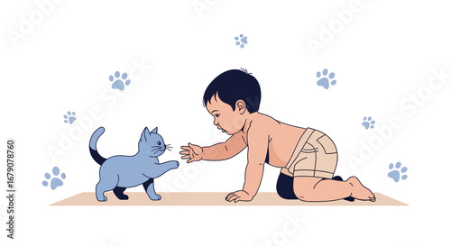 A baby and a cat playing together and showing a bond between them perfectly