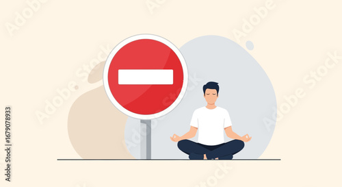 Zen Detour: Man Meditating Peacefully Despite Obstacles on Road Ahead