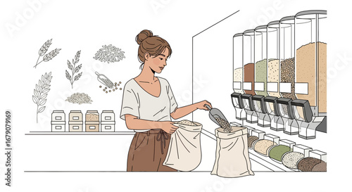 Zero Waste Shopping: A Woman Filling Reusable Bags at a Bulk Food Store with Eco-Friendly Practices