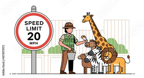Zookeeper Feeding Animals at a Zoo with a Speed Limit Sign Illustration