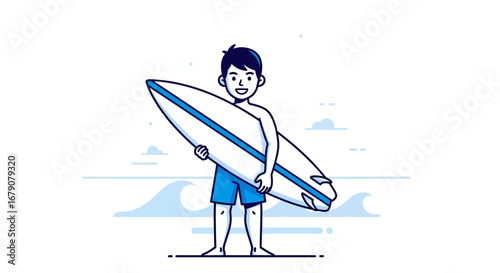 Young Surfer Ready For Waves, Holding A Surfboard Depicting Summer Beach Activities