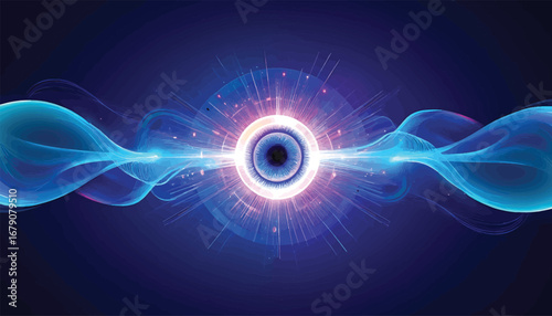 Abstract futuristic background concept of a glowing singularity with radiating energy waves and light particles