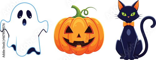 Halloween illustration with a ghost, a pumpkin and a black cat for greeting card or invitation design