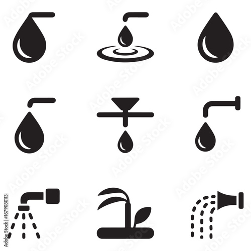Set of vector isolated black icon - watering vector, water drop, drip irrigation, dropper, menu, supply, sprinkler. Vector black silhouette. with white background