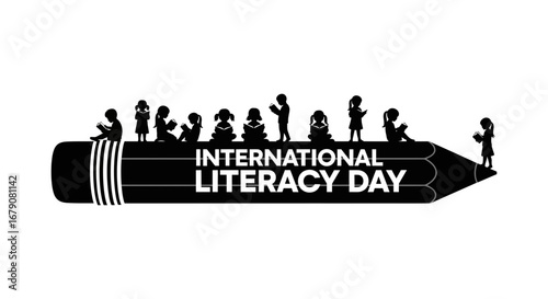 Vector art of international literacy day with children reading on a pencil