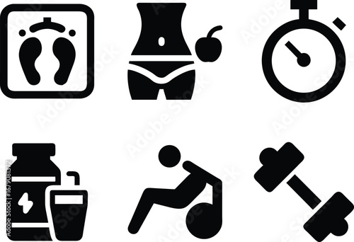 Fitness and workout icons weight scale dumbbell apple body and stopwatch set