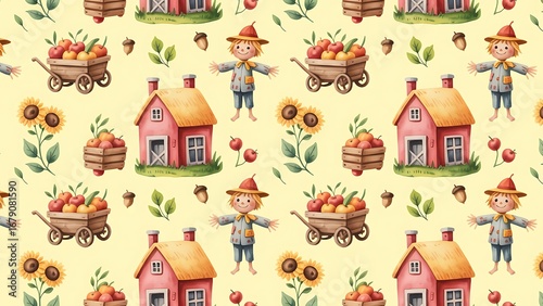 Charming watercolor autumn farm scene pattern