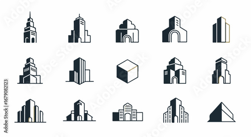 A diverse collection of minimalist building icons representing modern architectural concepts and urban development, ideal for graphic design, branding, and digital illustration projects