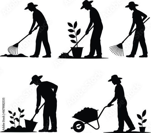 Gardening worker silhouettes, raking soil, digging plants, wheelbarrow transport, landscaping maintenance, outdoor farming, horticulture care, planting process, agriculture tools