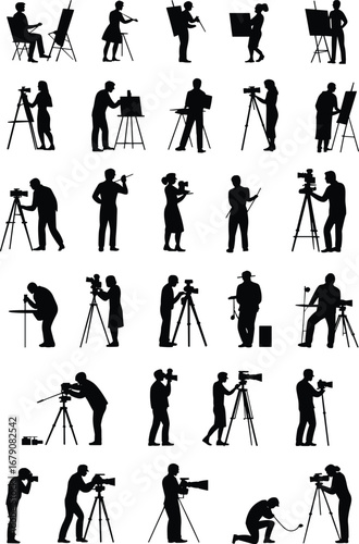 Painting and videography silhouettes, artist at easel, camera operator, creative professions, media production, visual arts, filming, photography, hobby, flat vector illustration